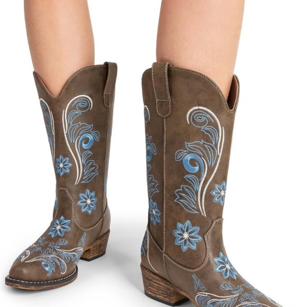New Dream Pairs Women’s Cowboy Boots | Mid‑Calf Western Chunky Heel Embroidered